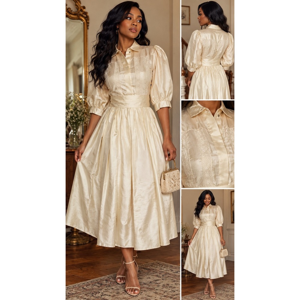 Vintage Richard Warren Size 4 Ivory Satin Lace Prairie Maxi Dress